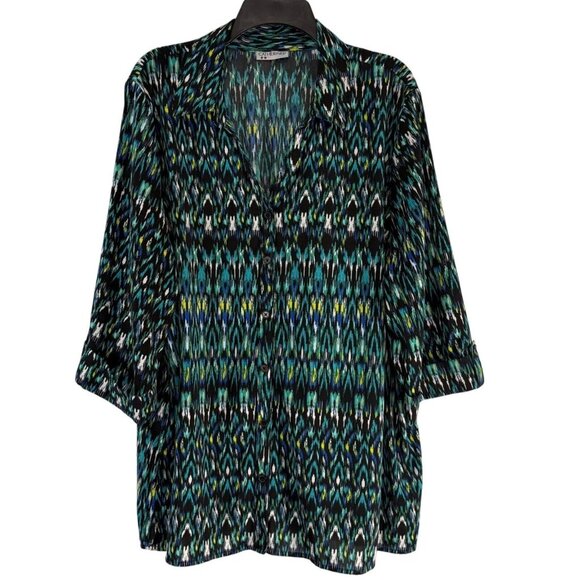 Catherines Shirt Womens 2X Plus Button Up Cuffed Sleeve Green Blue Geometric Top - Picture 2 of 9